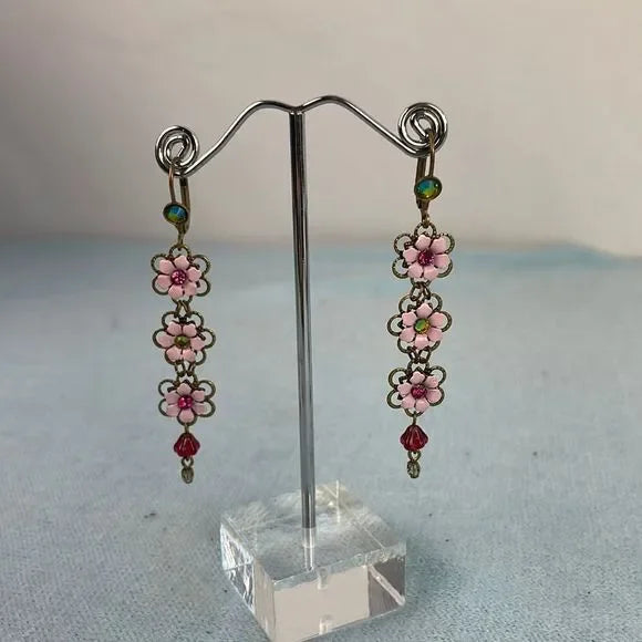 M Negrin Pink Crystal Flower Dangle Earrings