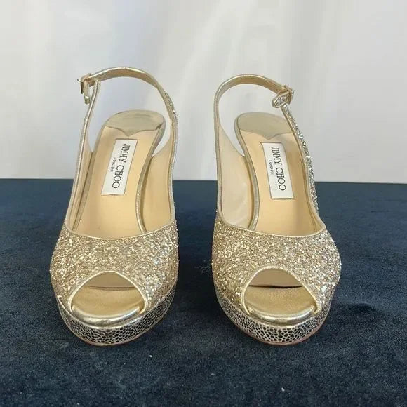 Jimmy Choo Gold Sparkly Peep Toe Stilettos