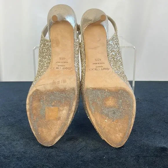 Jimmy Choo Gold Sparkly Peep Toe Stilettos