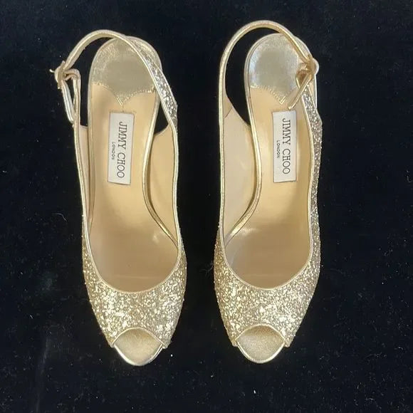 Jimmy Choo Gold Sparkly Peep Toe Stilettos