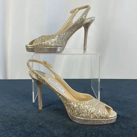 Jimmy Choo Gold Sparkly Peep Toe Stilettos