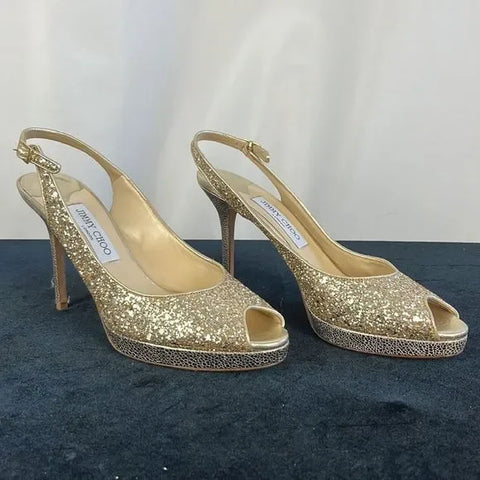 Jimmy Choo Gold Sparkly Peep Toe Stilettos