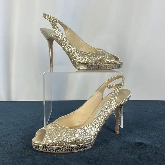 Jimmy Choo Gold Sparkly Peep Toe Stilettos