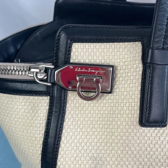 Large Cream with Black Trim Verve Tote Salvatore Ferragamo