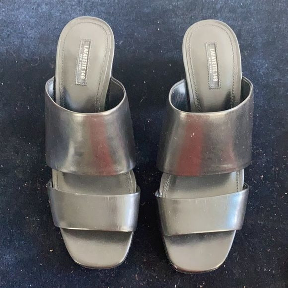 New Lafayette 148 Black Block Heel Slides Sandals