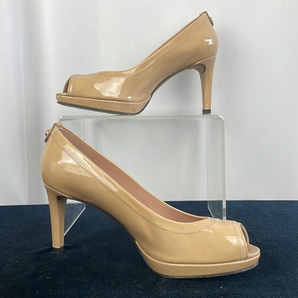 Stuart Weitzman Tan Patent Peep Toe Pumps