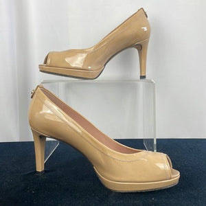 Stuart Weitzman Tan Patent Peep Toe Pumps
