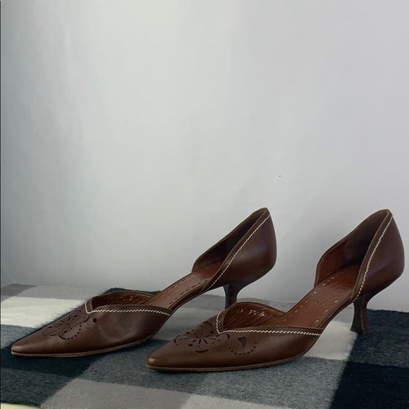 Salvatore Ferragamo Brown Pierced KittenHeelPumps