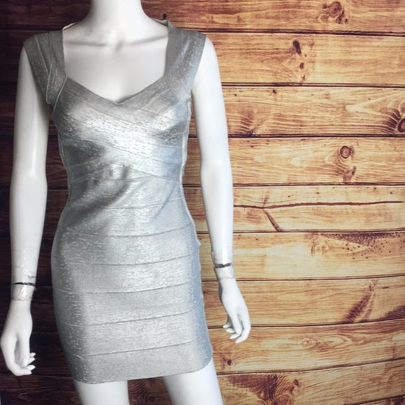 Herve Leger Silver Foil Bandage Mini Dress