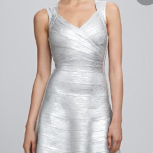 Herve Leger Silver Foil Bandage Mini Dress