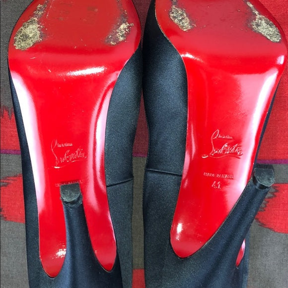 Christian Louboutin Black Satin Peep Toe Heels
