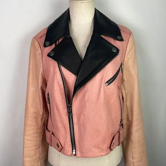 Alice + Olivia Pink/Black Leather Moto Jacket