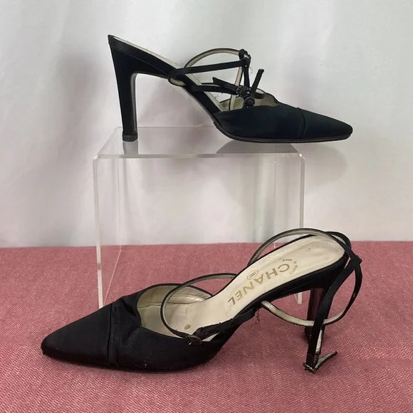 Chanel Black Satin Heeled Sling Back As Is