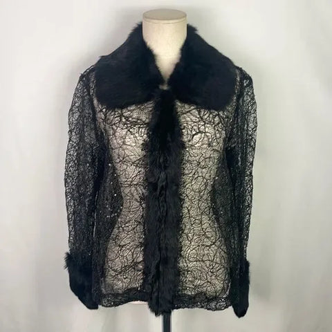 Black Beaded Lace With Fur Trim Jacket