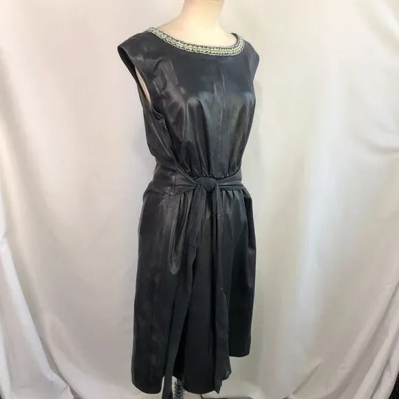ISARO Blue Lamb Leather with Beaded Neck Dress