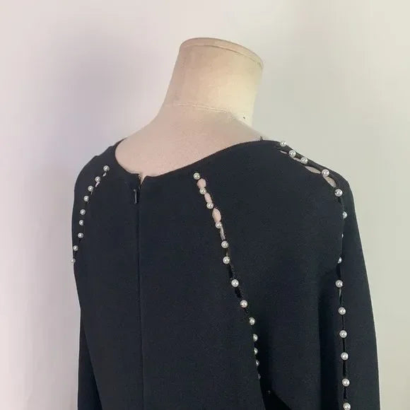 Lela Rose Black with Pearls Detail Fit Flare Knit Dress