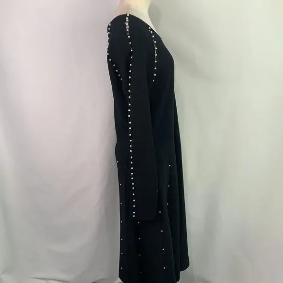 Lela Rose Black with Pearls Detail Fit Flare Knit Dress