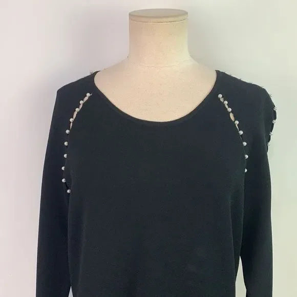 Lela Rose Black with Pearls Detail Fit Flare Knit Dress
