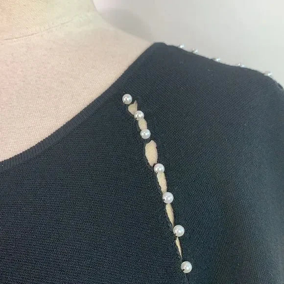 Lela Rose Black with Pearls Detail Fit Flare Knit Dress