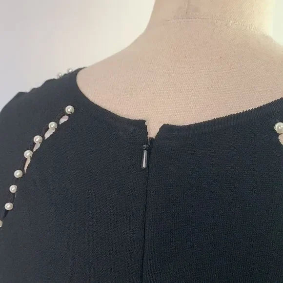 Lela Rose Black with Pearls Detail Fit Flare Knit Dress