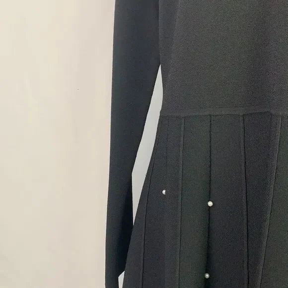 Lela Rose Black with Pearls Detail Fit Flare Knit Dress