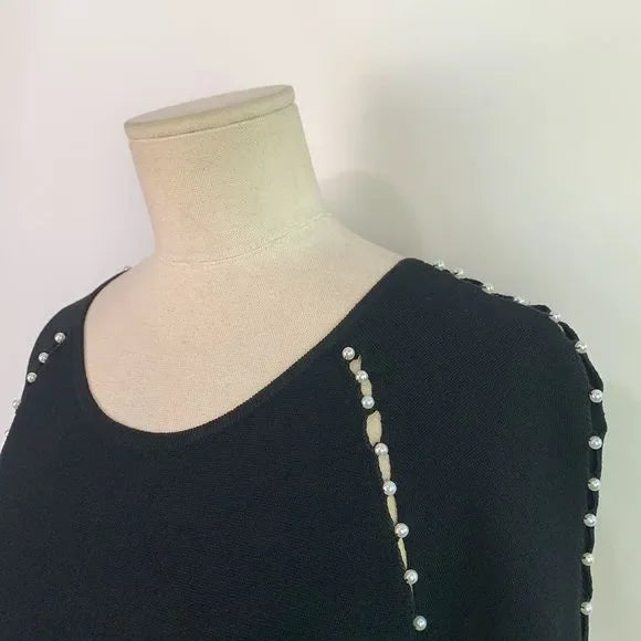 Lela Rose Black with Pearls Detail Fit Flare Knit Dress