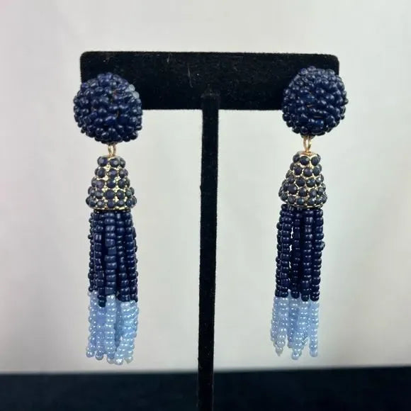 Blue Beaded Tassel Earrings
