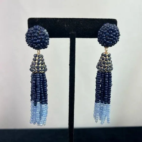 Blue Beaded Tassel Earrings