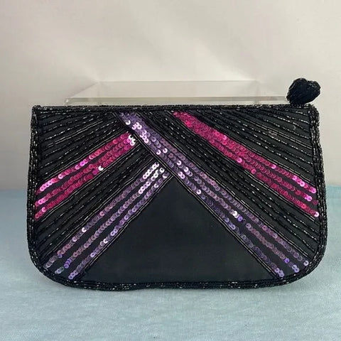 Black Beaded Pink Purple Evening Bag