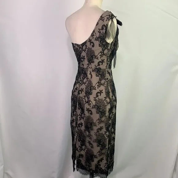 Bianca Nero Black Lace One Shoulder with Flower Dress